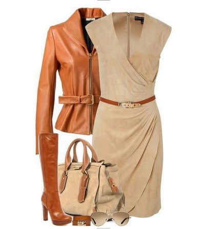 Daily outfit look, light brown evening dress, brown leather jacket and knee-length boots