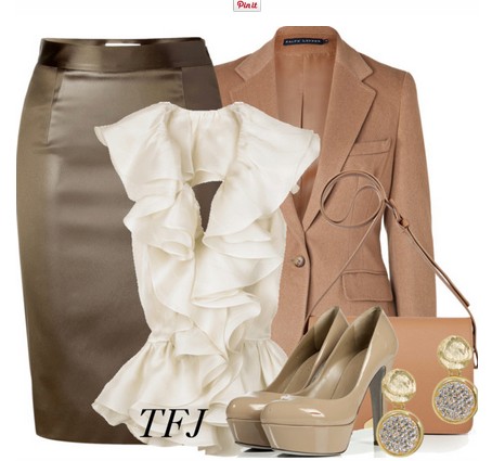 Daily outfit look, light brown suit, gray pencil dress and light brown pumps