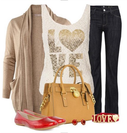 Daily outfit look, light brown cardigan, jeans and red flats