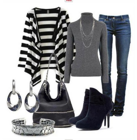 Daily outfit look, striped cardigan, gray turtleneck and ankle boots