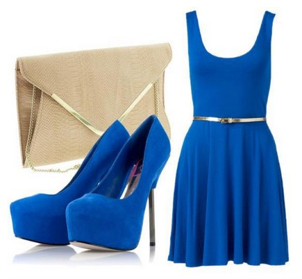 Daily outfit look, blue cocktail dress and pumps with pink hard case