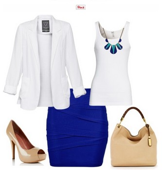 White and royal blue outfit look, white suit, royal blue pencil dress and bare pumps