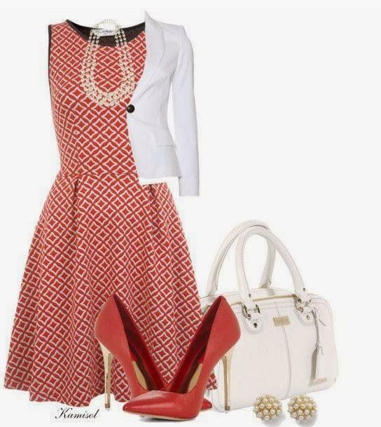 Red outfit trends for women, checkered cocktail dress, white suit and red pumps