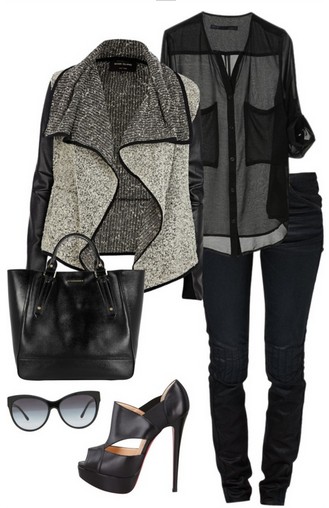 Black and gray outfit look, gray cardigan, jeans and black pumps