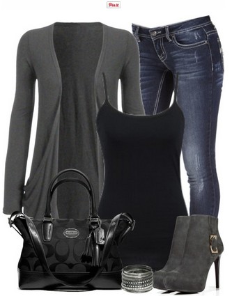 Black and gray outfit look, gray cardigan, jeans and gray ankle boots