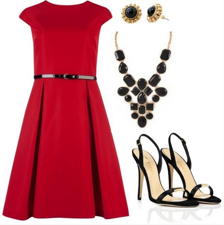A red and black combination for a New Year look, red knee-length cocktail dress with black pumps