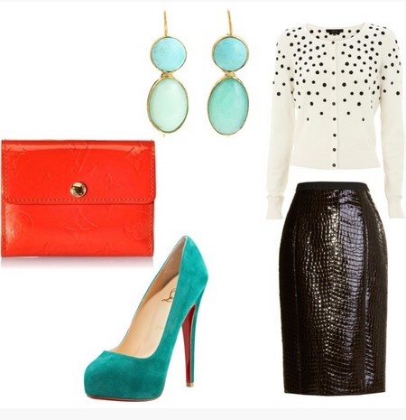 A combination of turq and coral for a New Year's cocktail dress with black pumps