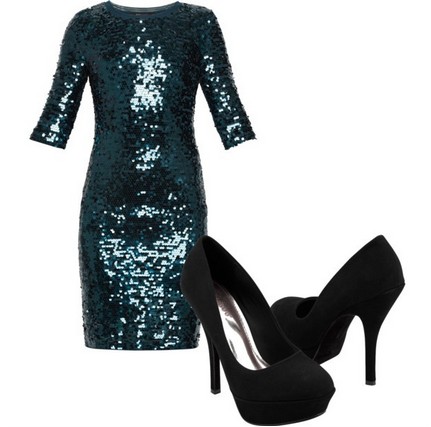 A shinny combination for the New Year look, green coset dress with sequins and black pumps