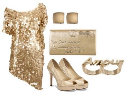 A combination for the New Year look, sequin coset dress with bare pumps