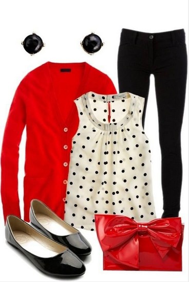 Red outfit, cardigan, blouse with polka dot pattern and tubes