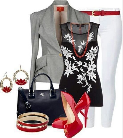 Black, gray, red outfit - blouse with black print. Blazer. White skinny jeans. Red high heels.