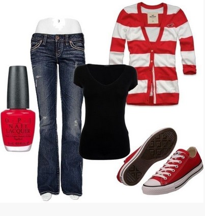 Casual red outfit, red and white striped cardigan, jeans and sneakers