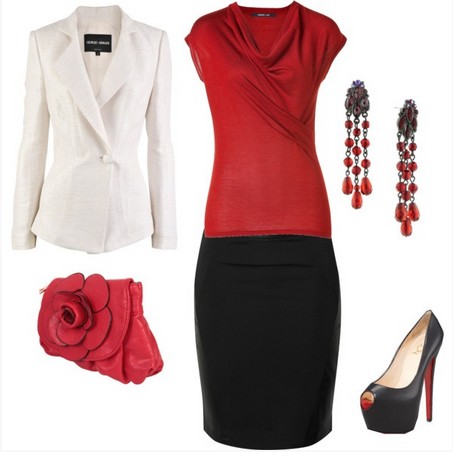 Formal outfit, black pencil skirt and red knitted top