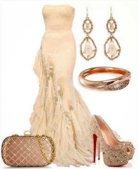 Ivory formal outfit with accessories, long evening dress