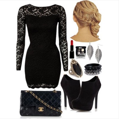 Ivory formal outfit with accessories, black lace mini dress