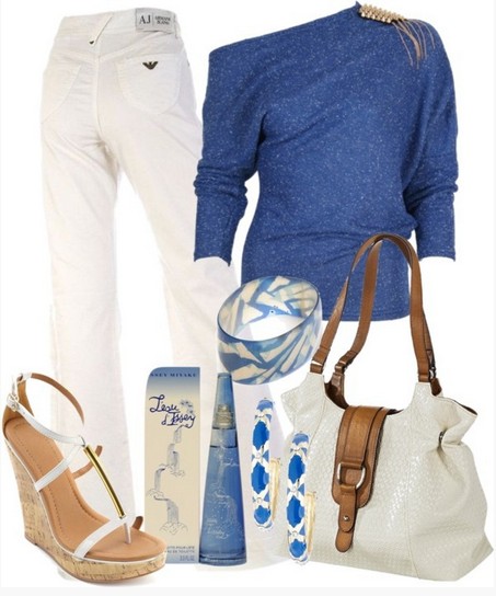 Long-sleeved blue one-shoulder top jersey outfit