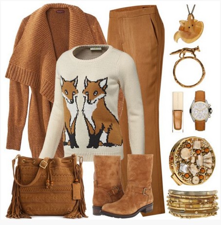 Beige and brown outfit, sweater with animal motif
