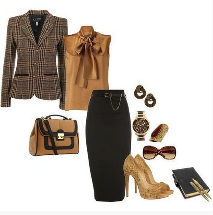 black-brown outfit, the black pencil skirt with sequin pumps