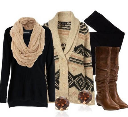Black-brown outfit, Aztec cardigan with knee-length boots