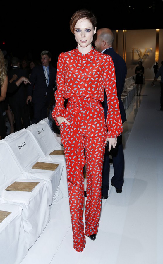 Coco Rocha jumpsuit with red print