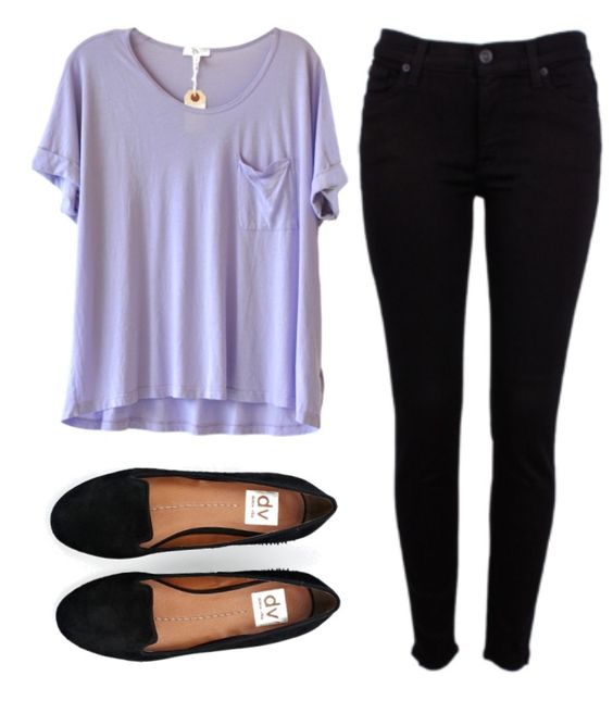 Purple t-shirt, black pants and black flats