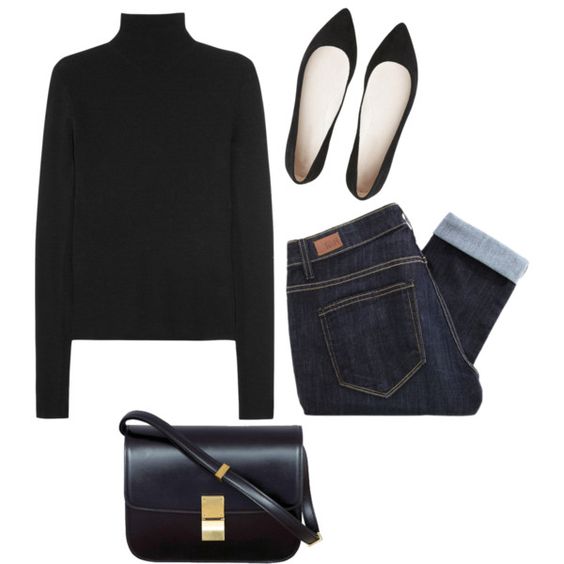 Turtleneck sweater, cuffed jeans and black flats