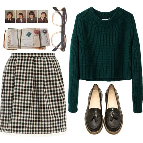 Green sweater, plaid skirt and black flats