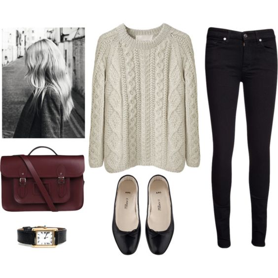 White sweater, black skinnies and black flats