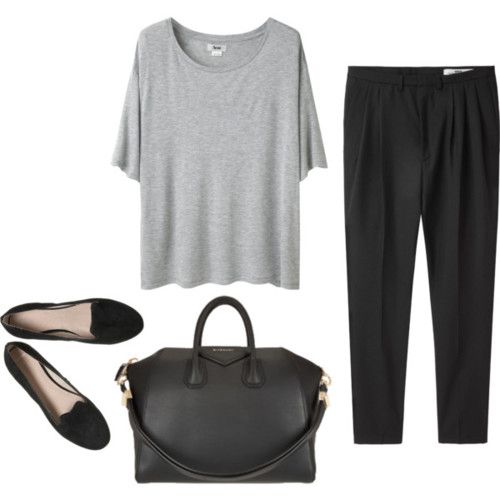 Gray t-shirt, black pants and black flats