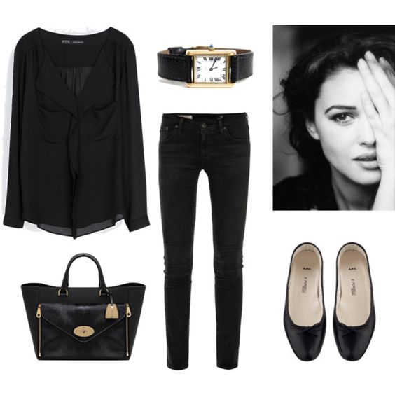 Black shirt, black jeans and black flats