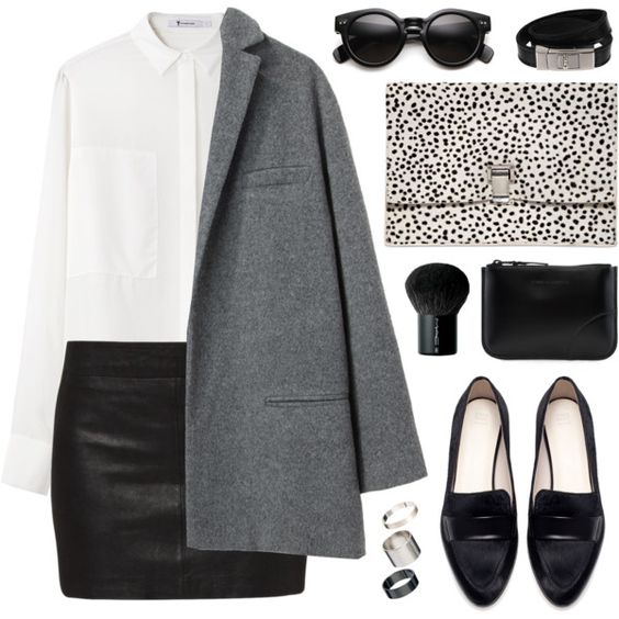 White shirt, black skirt, gray coat and black flats