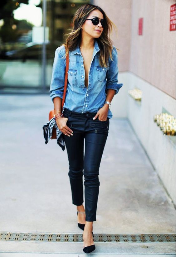 Denim shirt, black pants and flats