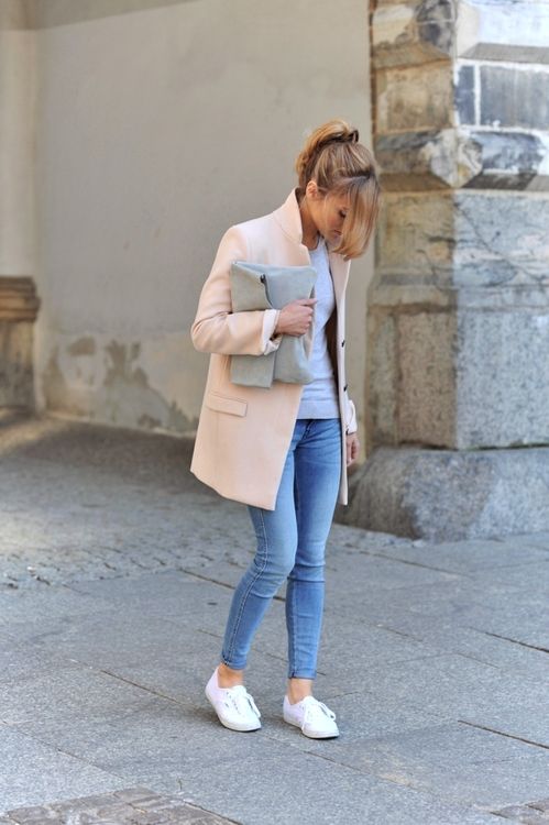 Pastel coat and white shoes