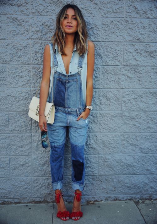 Blue denim overalls and red suede sandals