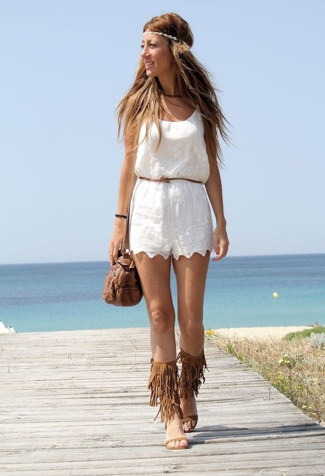 White outfit and fringed sandals