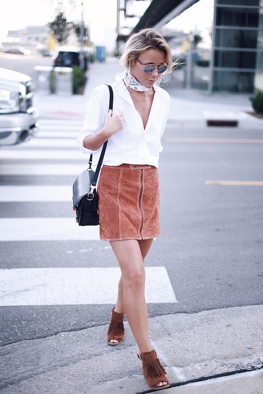 Suede pencil skirt and suede fringed sandals