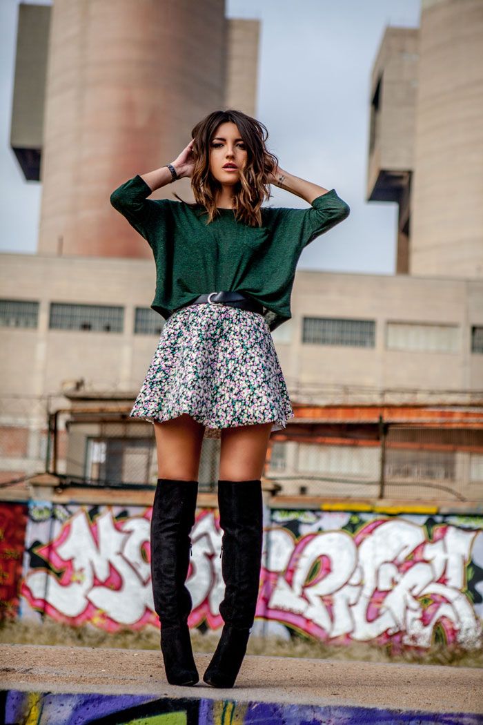 Floral skirt and knee high boots