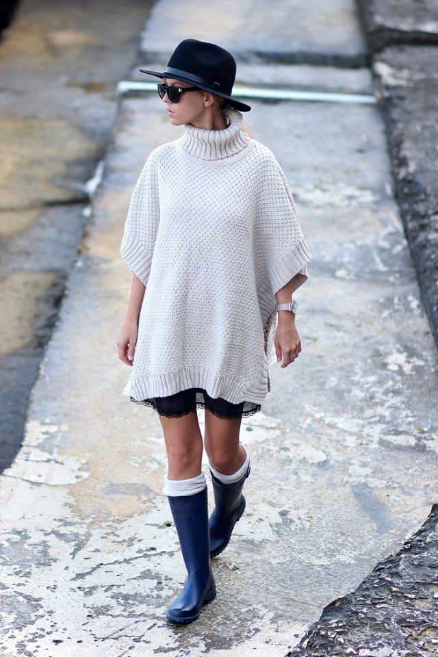 Rain boots with a knitted dress