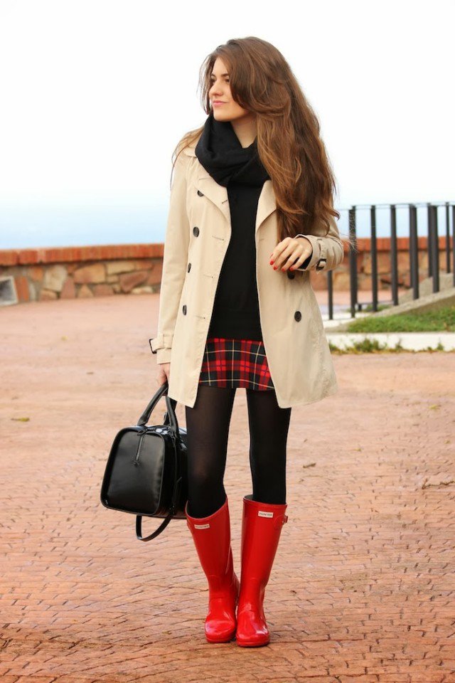 Red rain boots with trench coat