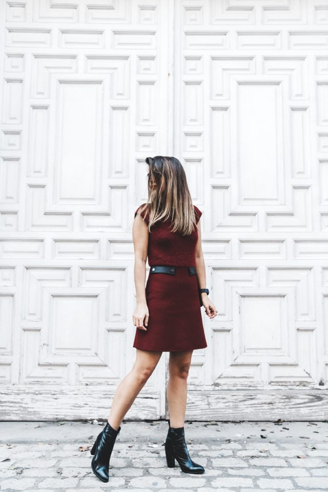 Burgundy dress and boots over