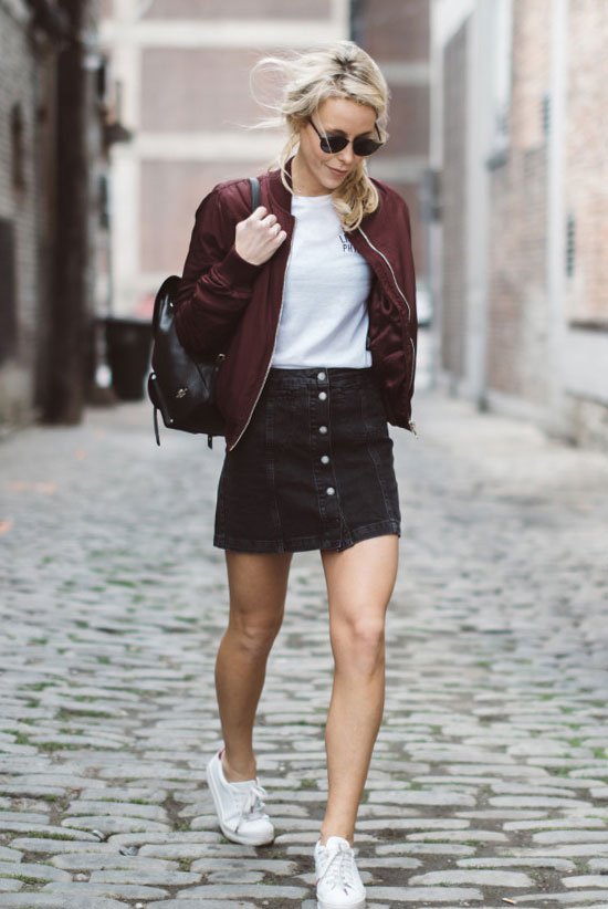 Burgundy jacket and pencil skirt over