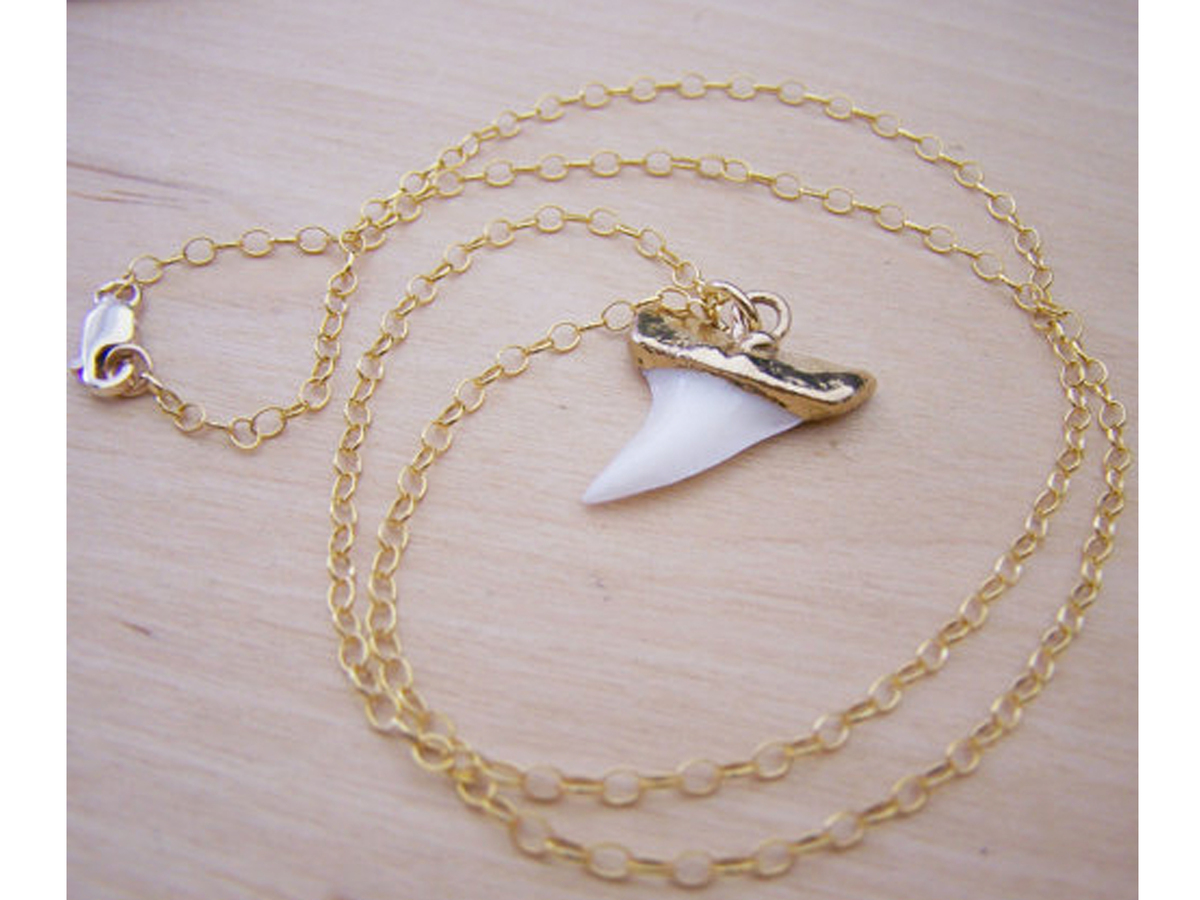 Real shark tooth pendant 14 carat gold filled long necklace gift for her, $ 32