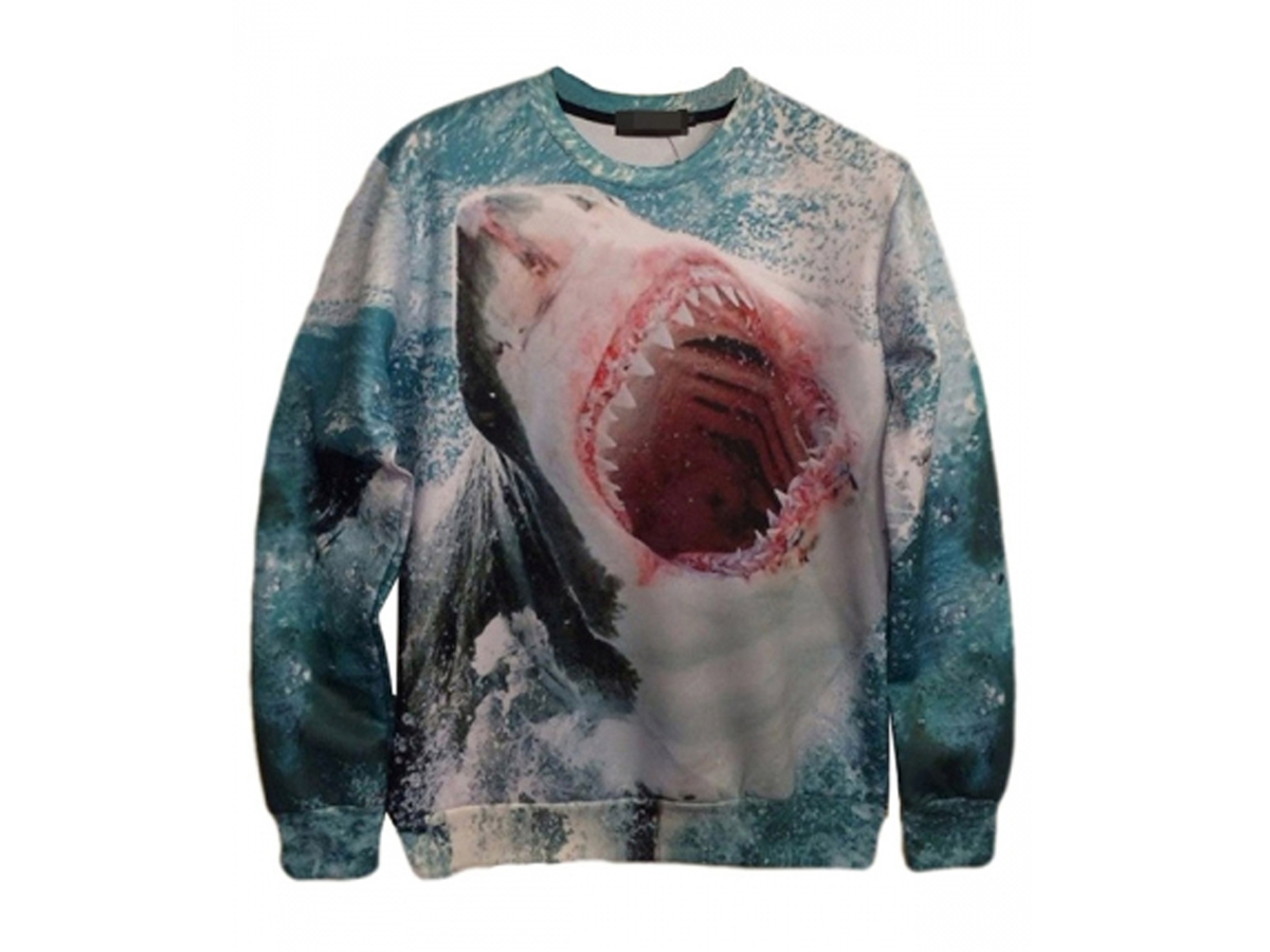 Blue women's crew neck sweater Craze Shark Printed Sweatshirt, $ 17