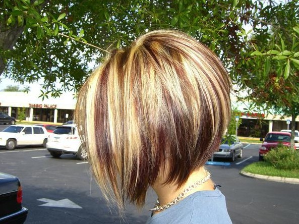 Red-blonde and brown highlights with an inverted bob cut
