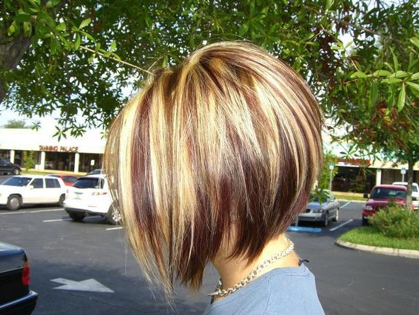 Inverted bob haircut with red-blonde and brown highlights