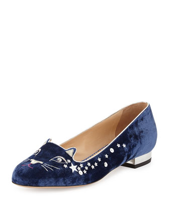 Charlotte Olympia Party Kitty Sequined Velvet Loafers