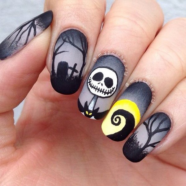 Grave-and-skull Halloween nails over