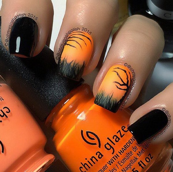 Black orange halloween nails over