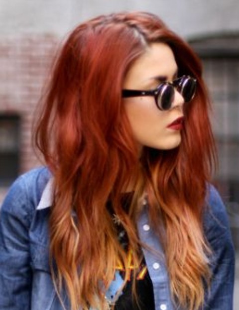 Red ombre hair with side part