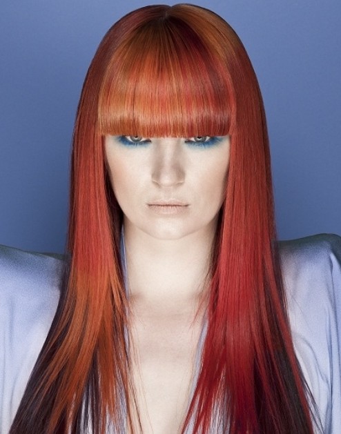 Red ombre hair with blunt bangs